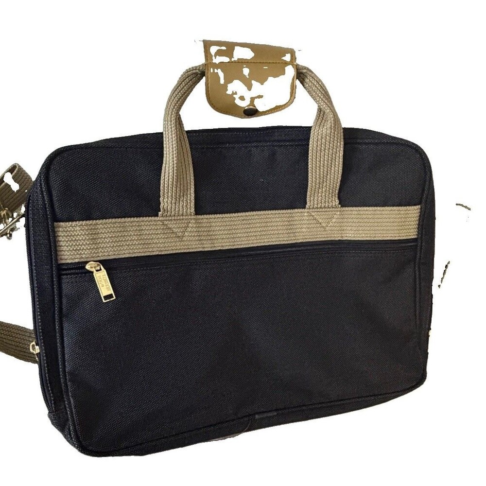 London Fog Briefcase Men OS Black Tan Laptop Messenger Shoulder Travel Work Bag